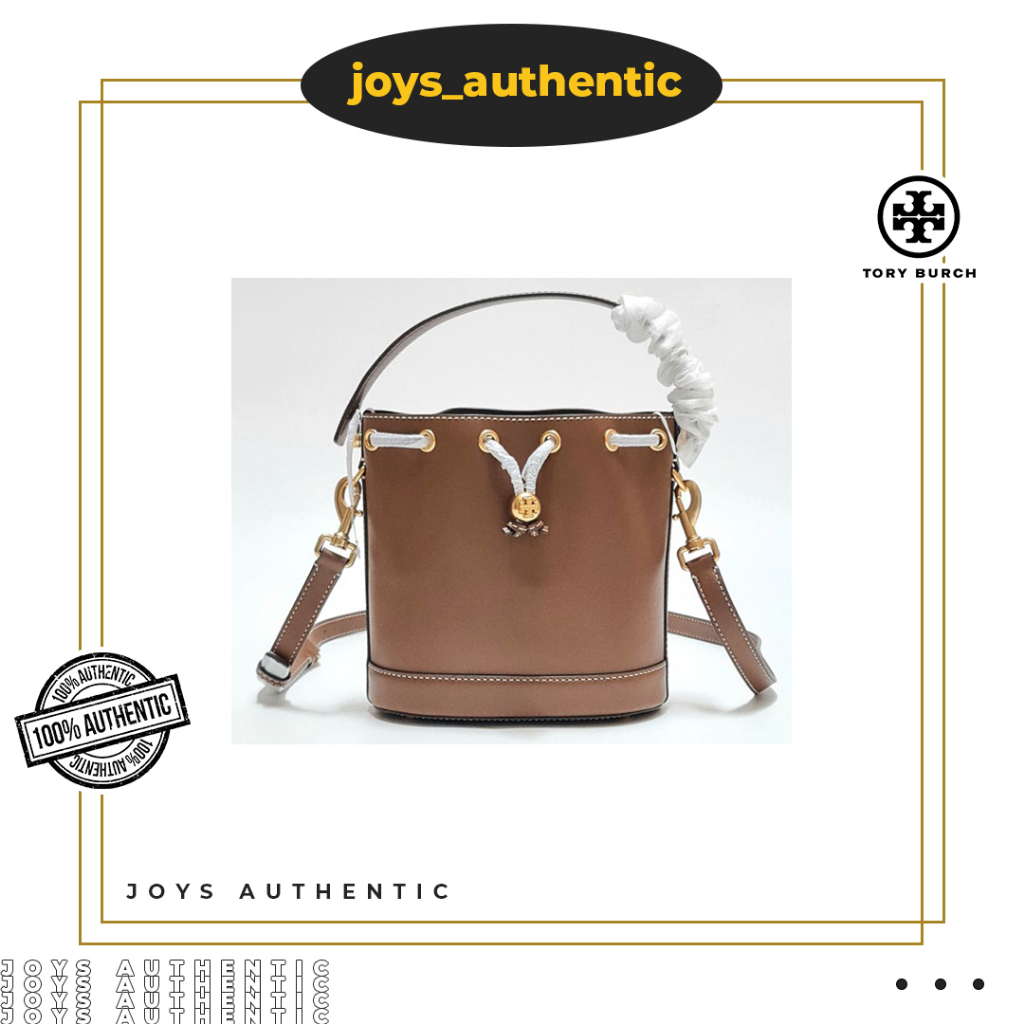 Tas Wanita Tory Burch TB T Monogram Leather Bucket Coklat Moose Woman Bag Authentic Original