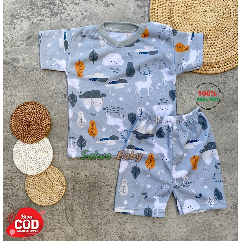 Setelan Baju Bayi Piyama Bayi Lengan Pendek Kancing Pundak Motif Printing Rusa Usia 3-12 Anababy