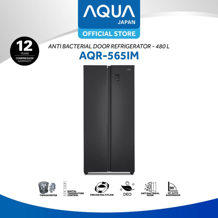 [BARU] AQUA JAPAN Kulkas AQR 565 IM (GB) 480 Liter Side By Side Anti Bacterial