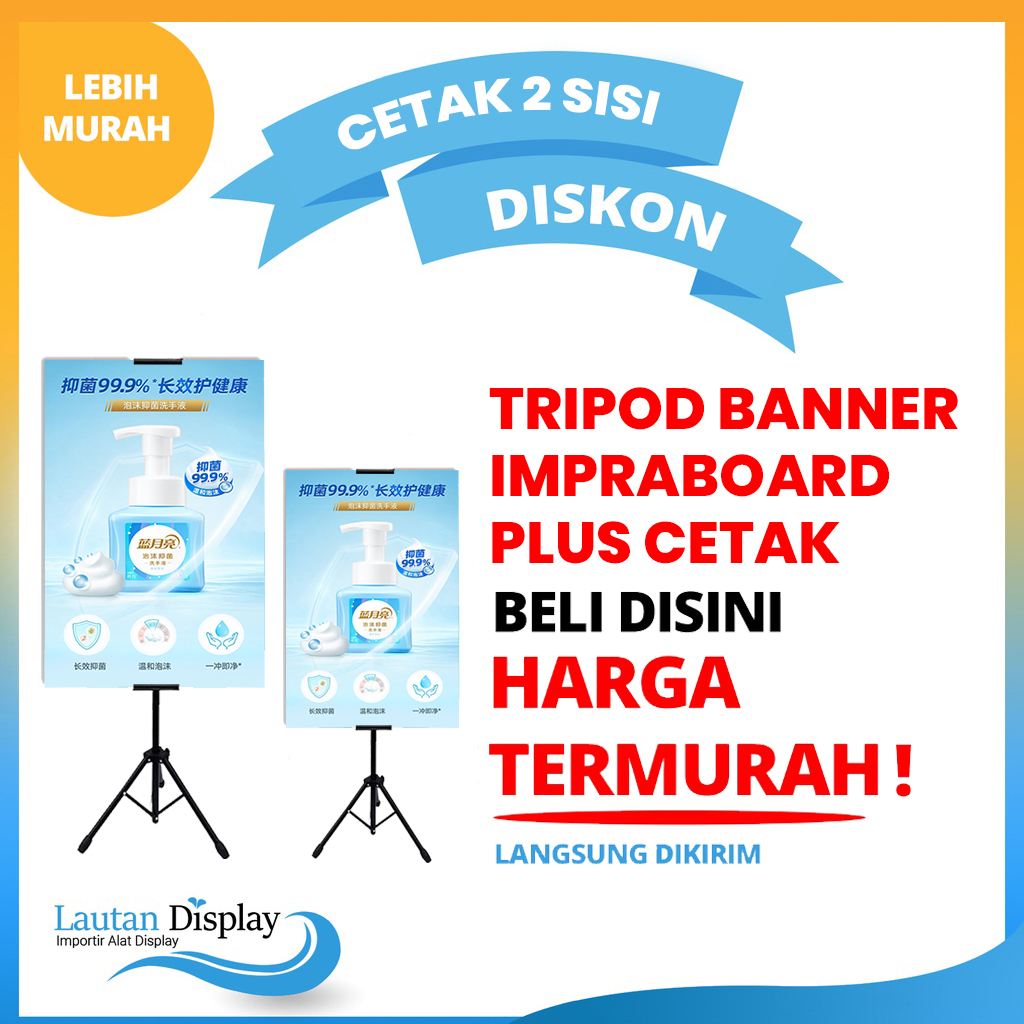 Stand Banner 2 Sisi Tripod Banner Plus Cetak Stiker dan Impraboard ukuran 60x80, 50x70 cm Laminasi