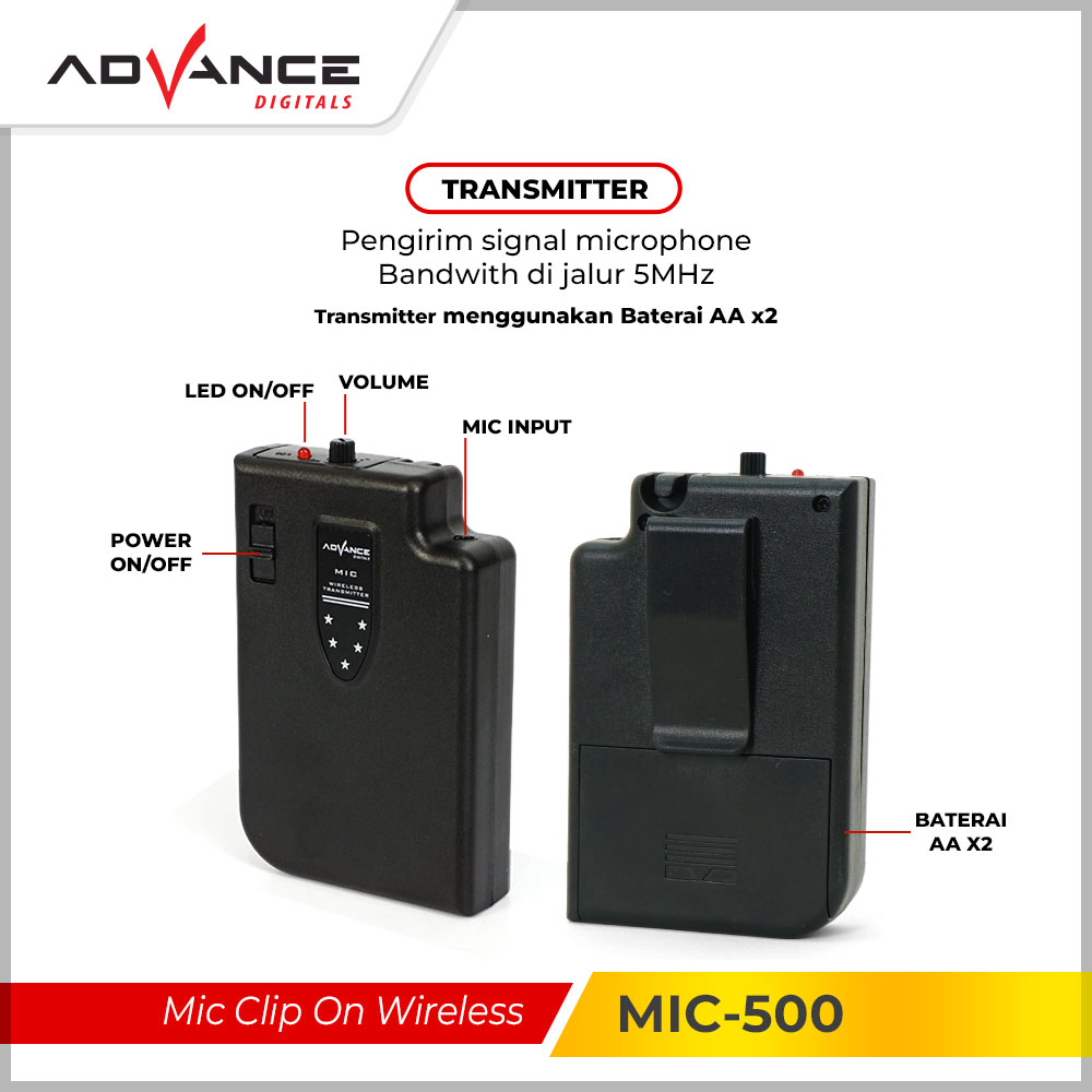 Clip on Advance Mic 500 Mic Bando Wireless Mic Clip On / Mikrofon Eksternal Bergaransi 1 Tahun