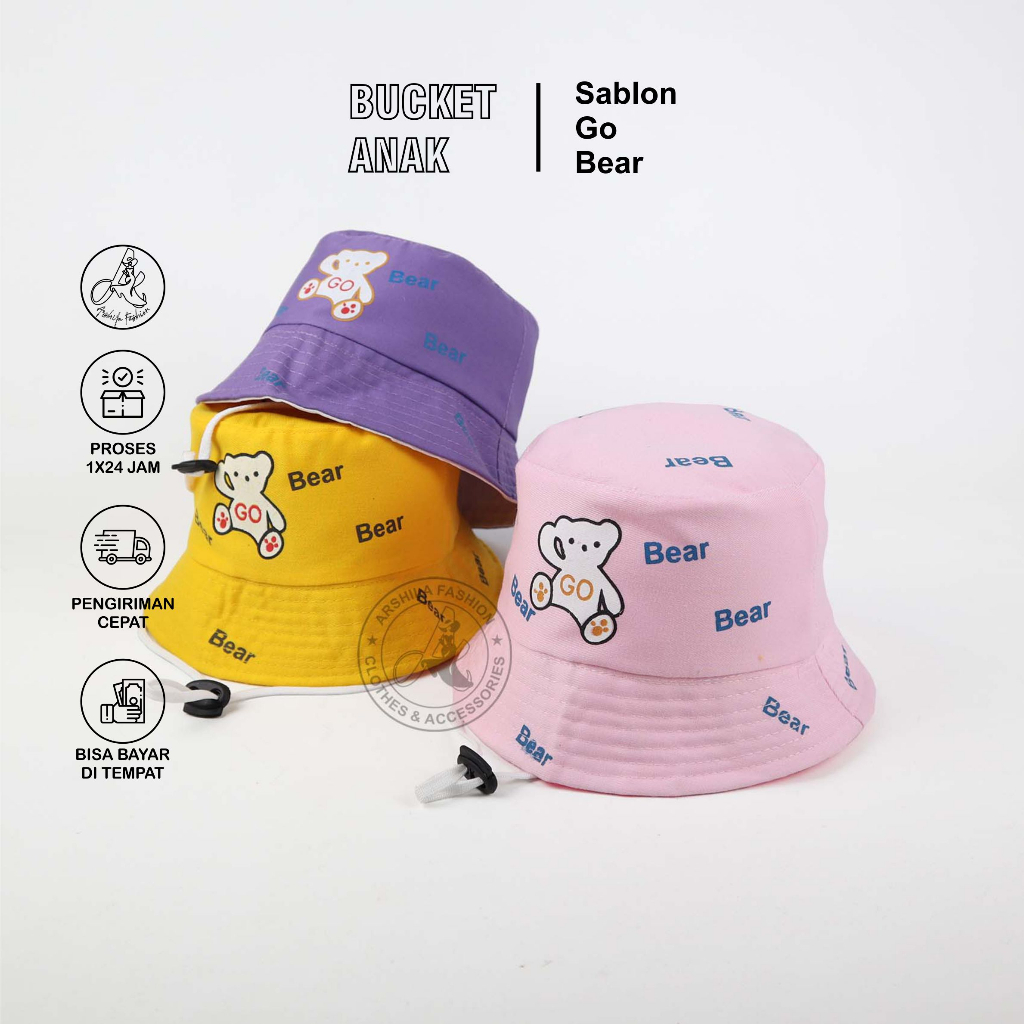 Topi bucket Anak Laki Laki Perempuan sablon Go Bear