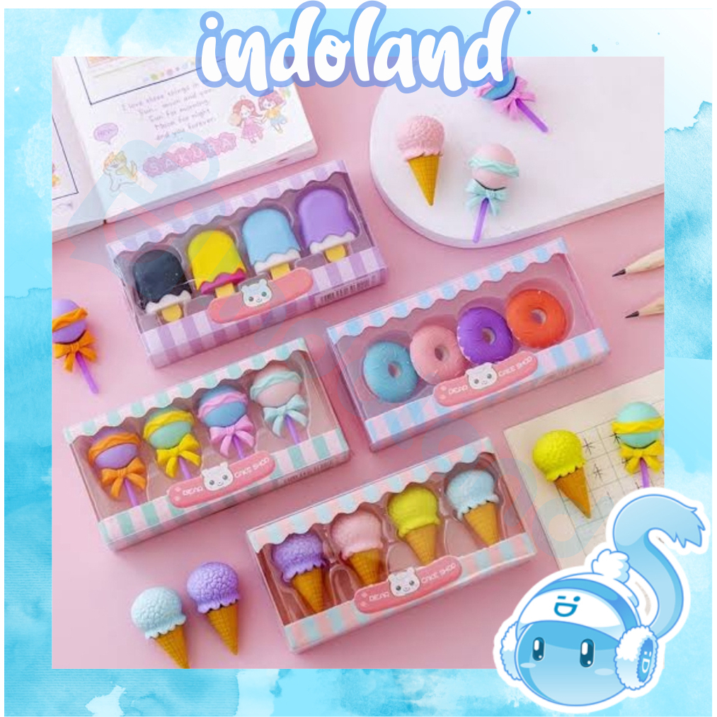 

☀ INDOLAND ☀ 4 IN 1 PENGHAPUS PENSIL MODEL ICE CREAM DONAT LOLLIPOP POPSICLE / PENGHAPUS LUCU SET S075