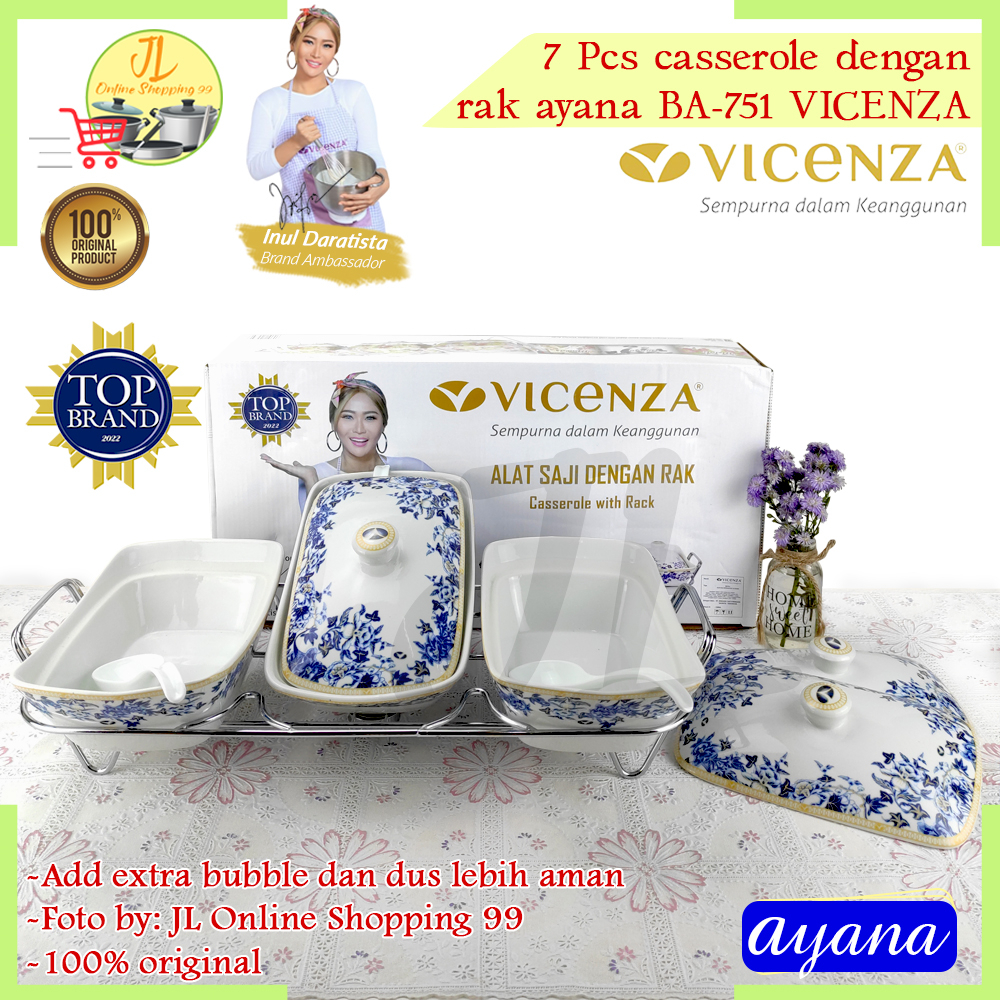 VICENZA wadah saji set isi 3 motif Ayana + rak BA-751 / pemanas makanan / casserole food warmer kera