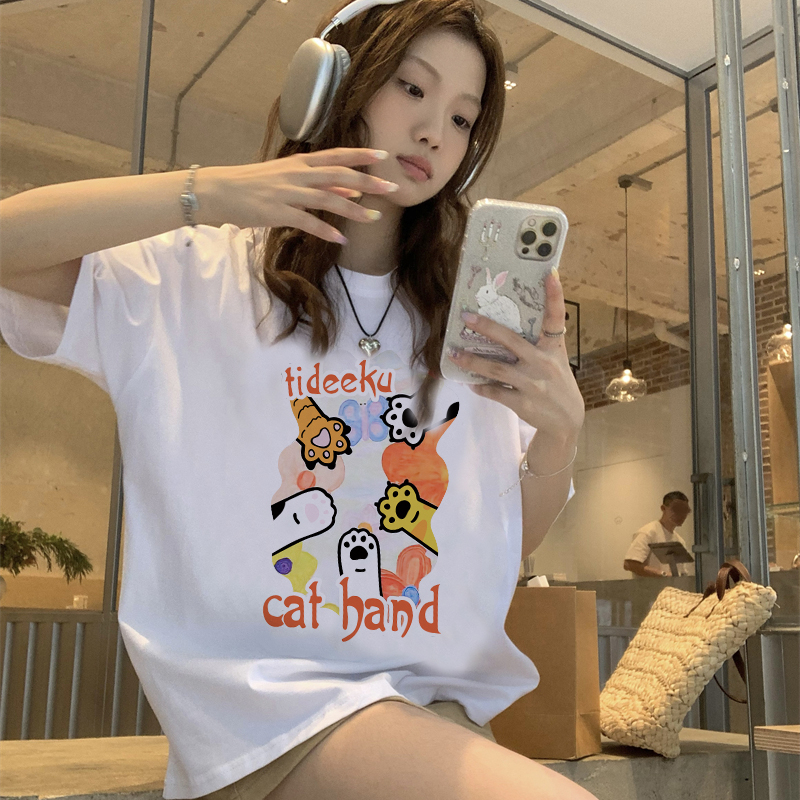 Print T-shirt Kaos Lengan Pendek Cartoon Cat Band Oversize Atasan Wanita Korean Style