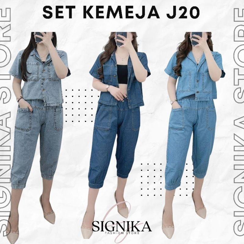 Set Kemeja Jeans | Setelan Kemeja Wanita Celana 7/8 | One Set Jeans Import 3886 Signikastore