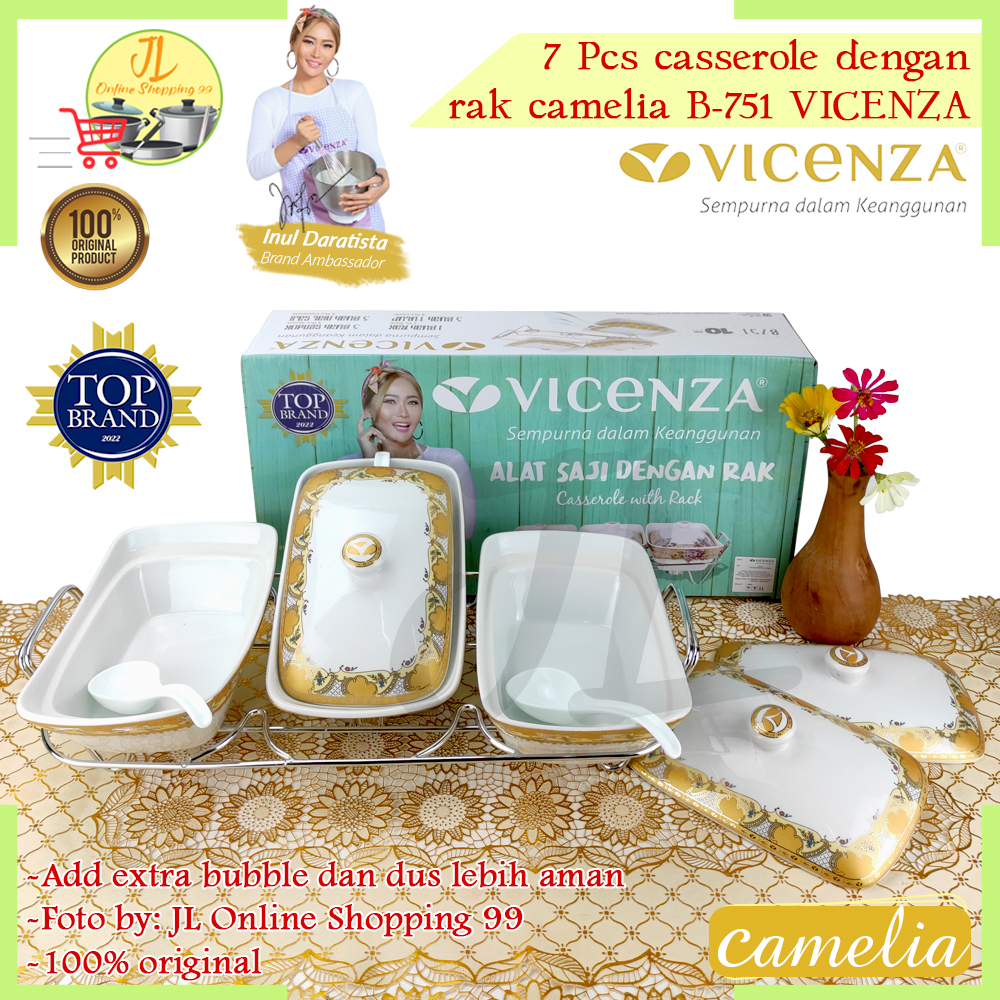 VICENZA wadah saji set isi 3 motif Camelia + rak B-751 / pemanas makanan / casserole food warmer ker