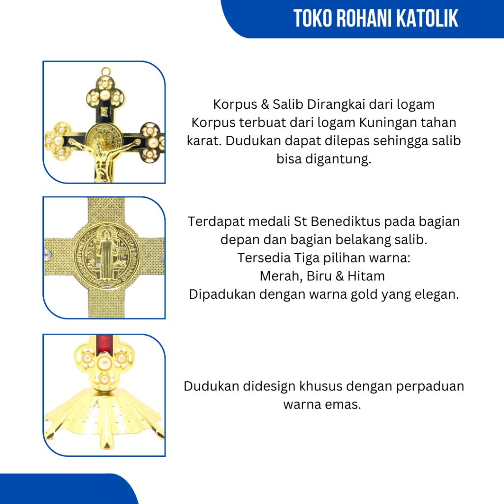 SALIB DUDUK KATOLIK 20 CM (LOGAM-GOLD)/ SALIB BENEDICT / SALIB MEJA / SALIB ALTAR KATOLIK / SALIB BENEDIKTUS