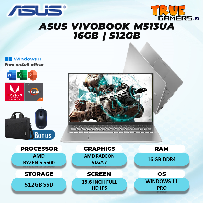 Laptop Asus Vivobook M513ua Amd Ryzen 5 5500 16gb 512gbssd vega7 win11pro 15,6 fhd ips