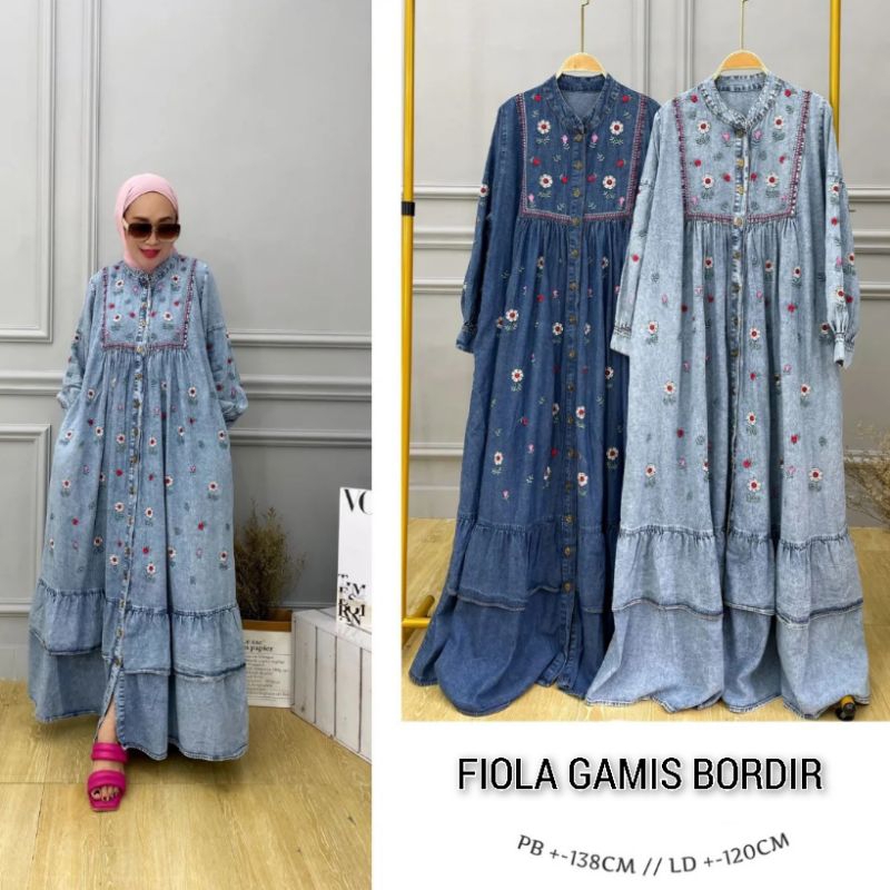 NEW  Fiola Dress GAMIS  BORDIR JEANS PREMIUM JUMBO LD 120-130CM