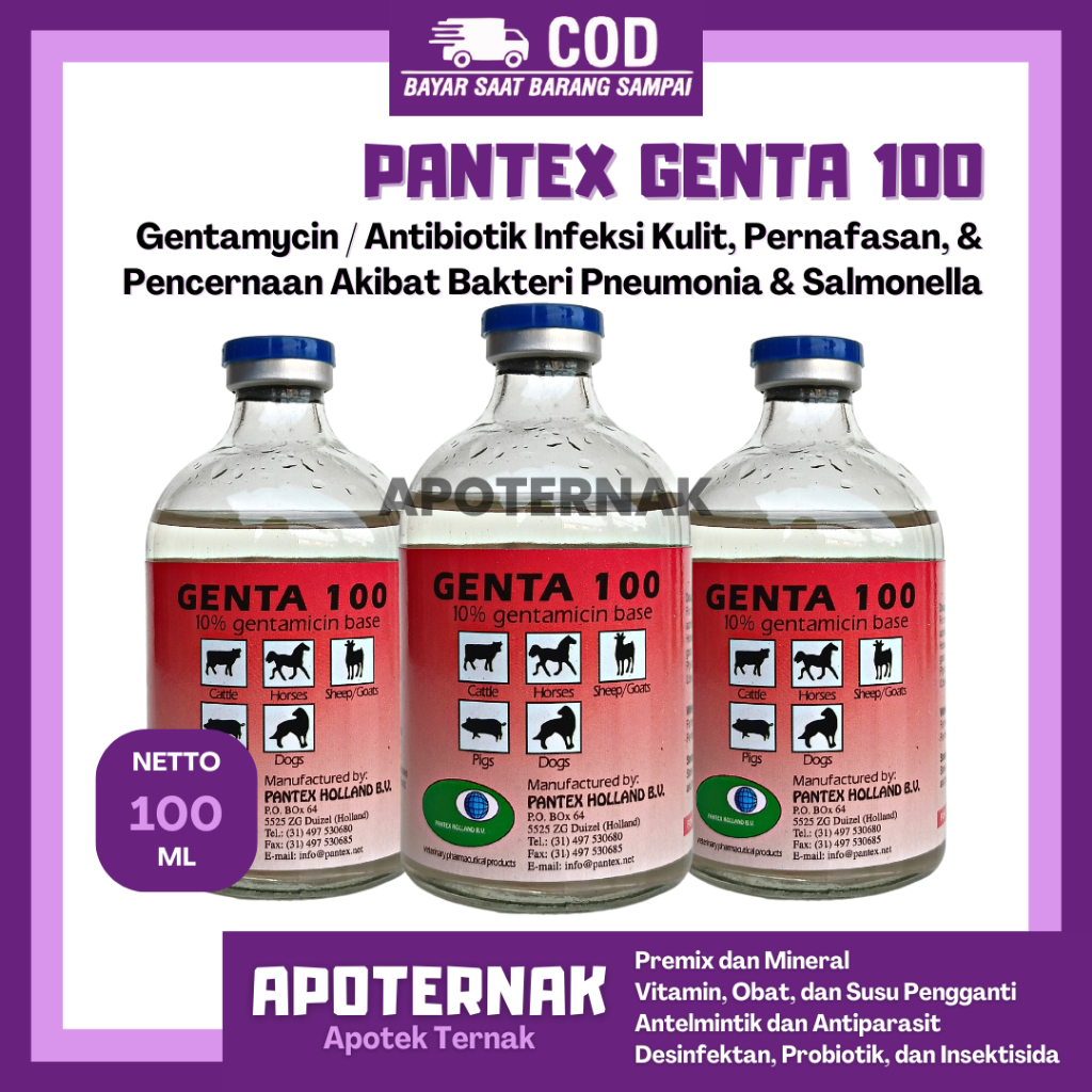 PANTEX GENTA 100 (Gentamycin) 100 ml | Obat Pernafasan Pencernaan Pekencingan Hewan | Like SK Gentamycin Genta-100 Genta 100 | Pantex Holland