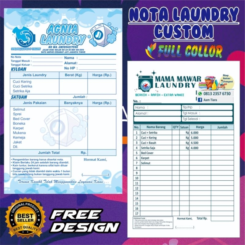 

Nota Laundry 1/4 (2ply) Isi 25Set (50Lembar) Custom Toko Sendiri Request Sesuka Y&H Yudha Grafika.