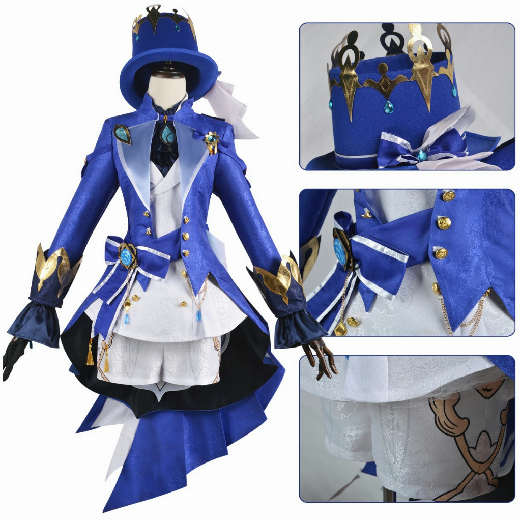 Game Genshin Impact Focalors Cosplay Costume Fontaine God of Justice Blue Pants Uniform Vision Hat Hydro Full Set for Women