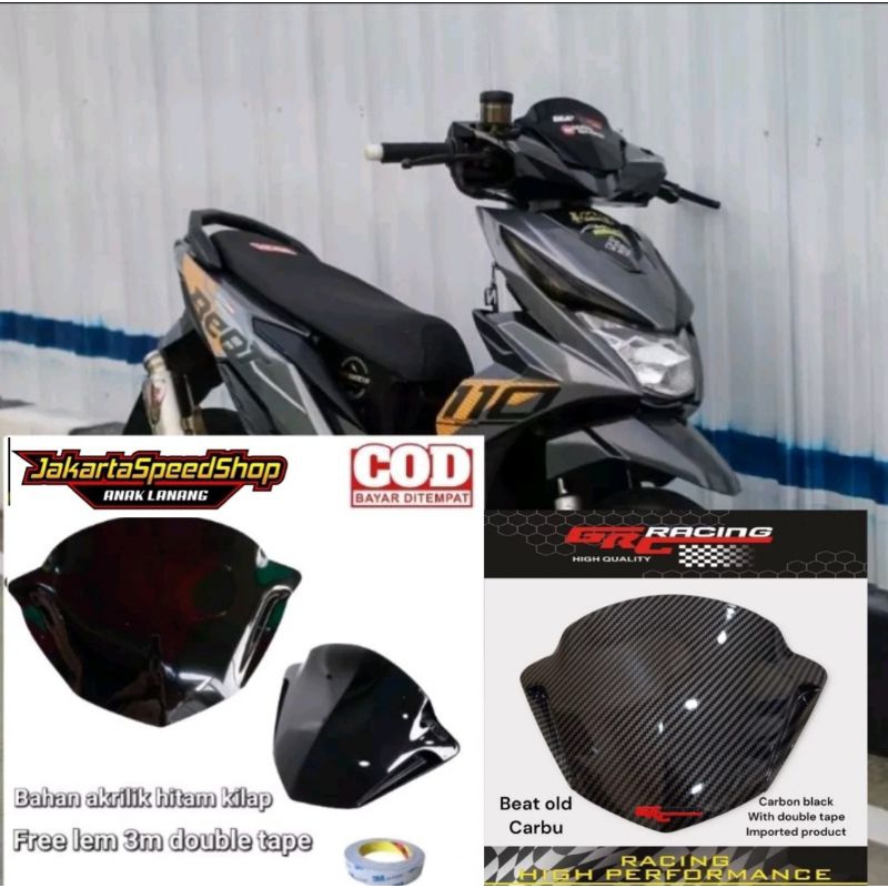 Visor winshield honda beat new esp 2015 model beat karbu pnp beat fi injeksi lama bahan akrilik warna hitam &amp; carbon celup wtp