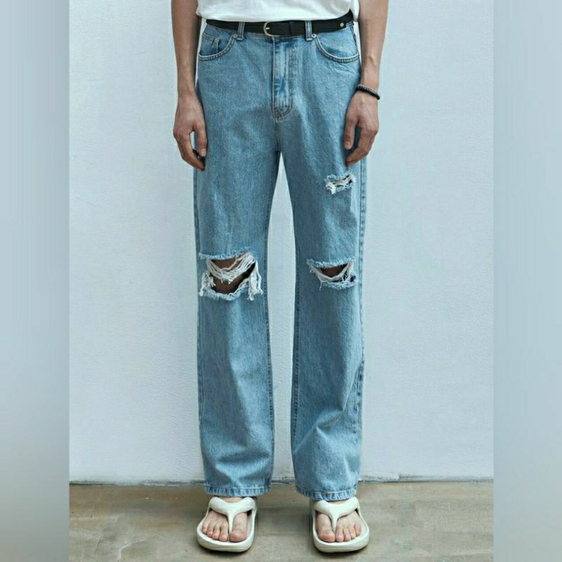 CELANA JEANS SOBEK PRIA RIPPED JINS DENIM STANDAR REGULER BASIC JINS ROBEK 27-38