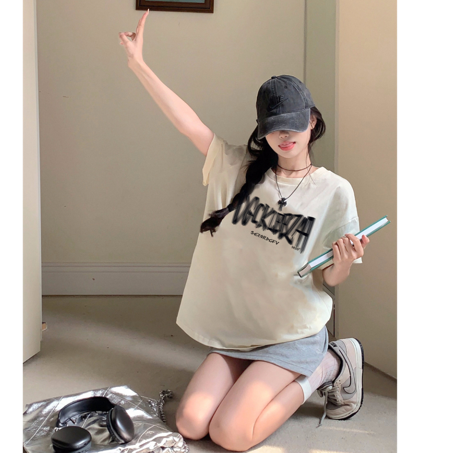 baju kaos wanita/lengan pendek korean style letter graffiti print T-shirt import oversize kaos cream