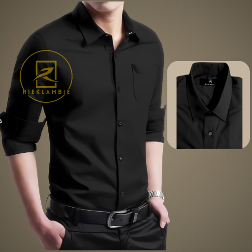 Kemeja Cowok polos lengan panjang slimfit hem pria kantor hitam navy putih