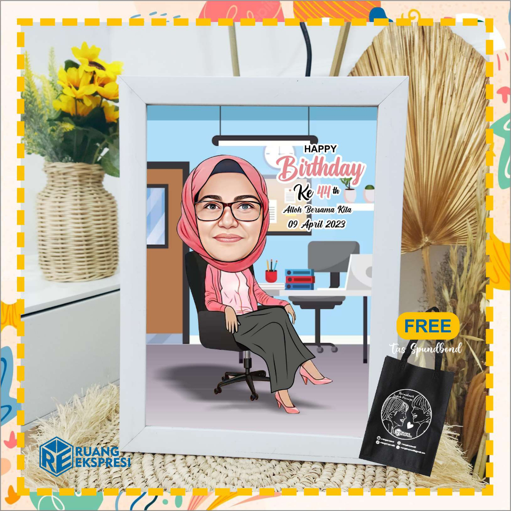 KARIKATUR 1 WAJAH CUSTOM PREMIUM MURAH CETAK BINGKAI UNTUK KADO WISUDA, PERPISAHAN, ULANG TAHUN, WED