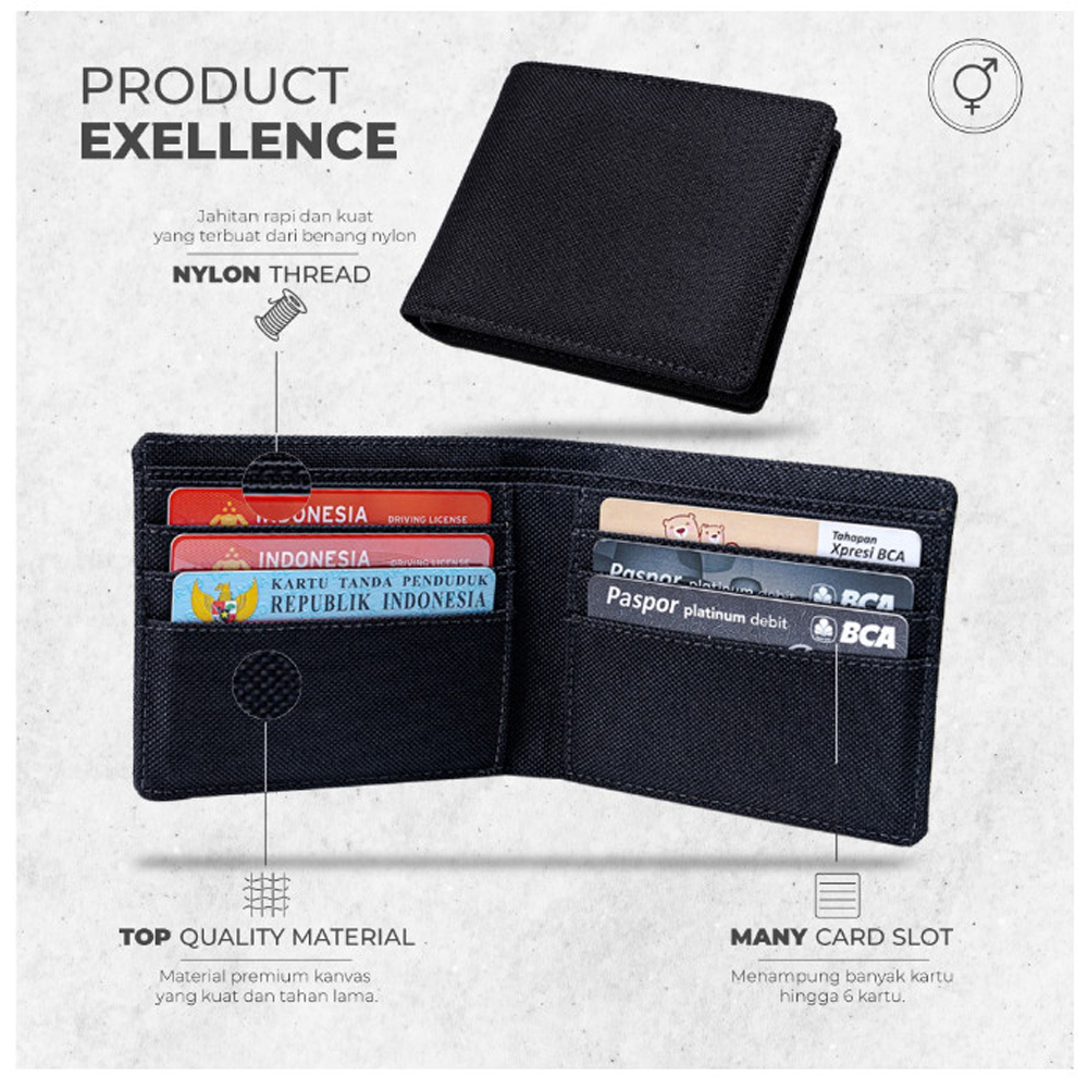 Dompet Kanvas Pria Lipat Dua F30 Men Wallet Casual Dompet Pendek Pria Model terbaru Black + Bonus Box