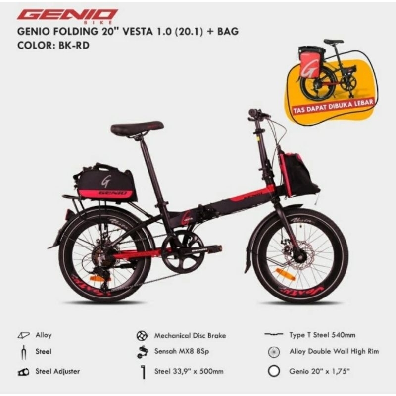 PROMO...Sepeda Lipat 20 inch United Genio Vesta 1.0 GENIO VESTA 1 include tas depan belakang