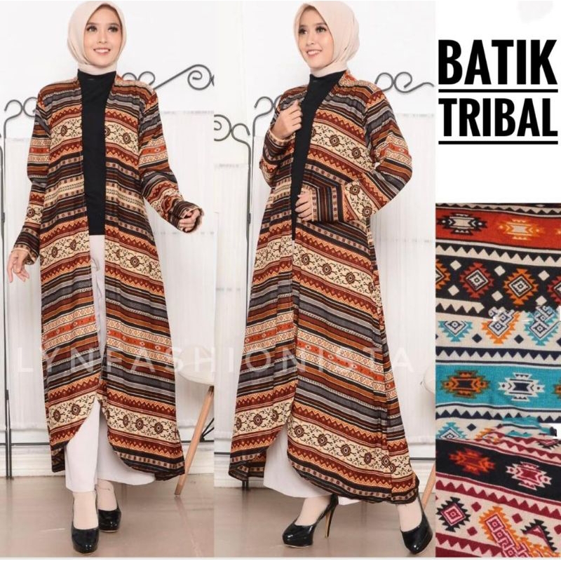 LYNFASHIONISTA-LONG OUTER  CARDIGAN MUSLIM WANITA BATIK TRIBAL RAYON ADEM/150