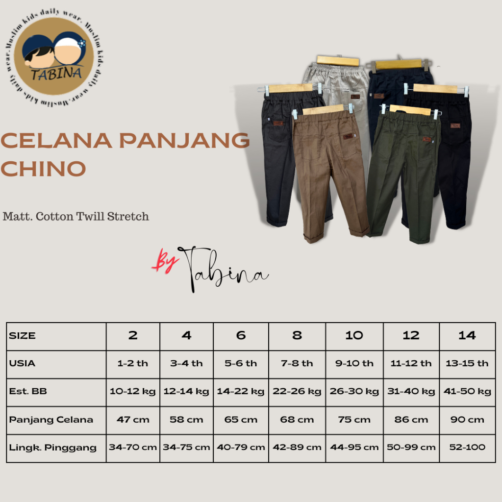 CELANA CHINO ANAK SAMPAI REMAJA UNISEX BISA CEWE COWO BAHAN NGARET (twill) TABINA