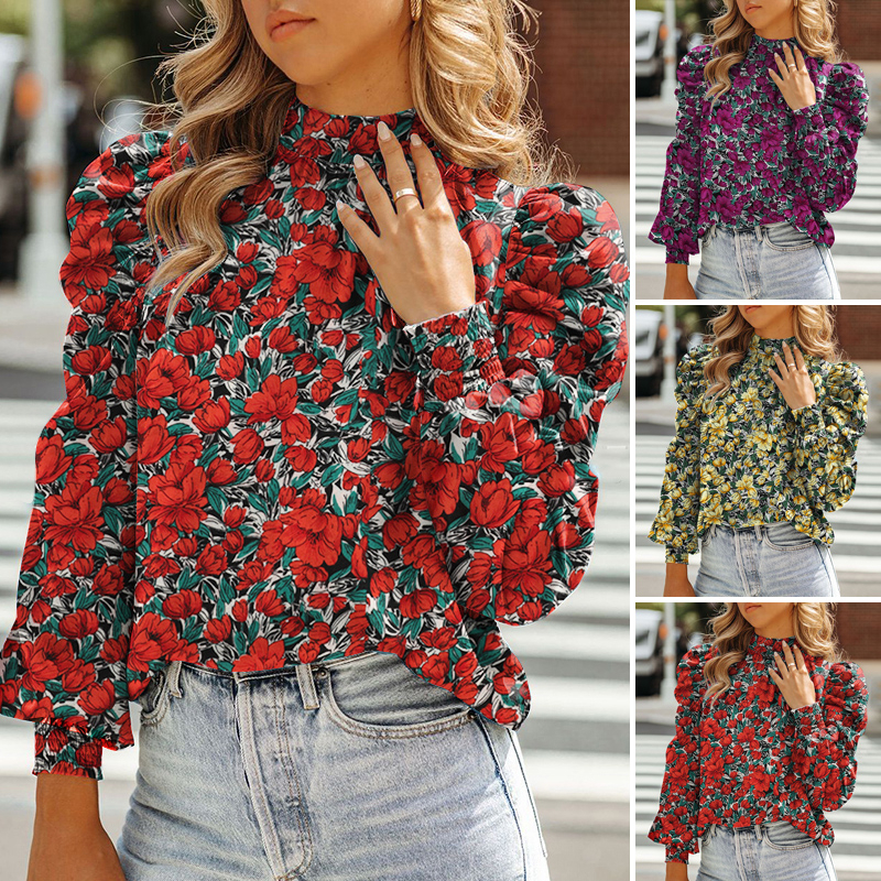 ZANZEA Women Fashion Long Puff Sleeved Casual Pleated Cuff Floral Printed Blouse