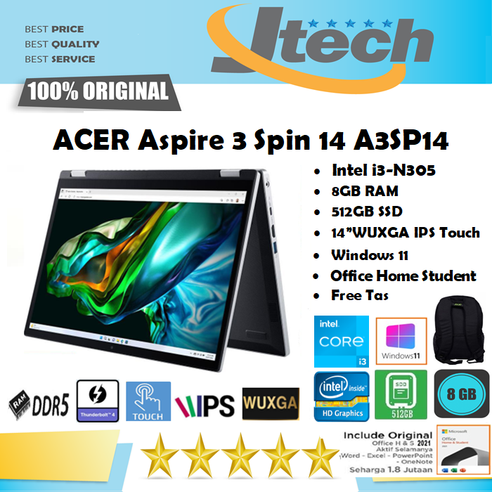 ACER Aspire 3 Spin 14 A3SP14 - i3-N305 - 8GB - 512GB - 14&quot;WUXGA IPS X360 Touch - Win11 - OHS