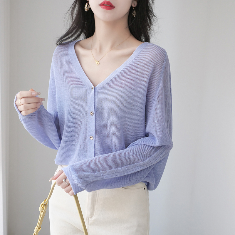 【Elegant】See Through V-neck Button Long Sleeved Cardigan 2097