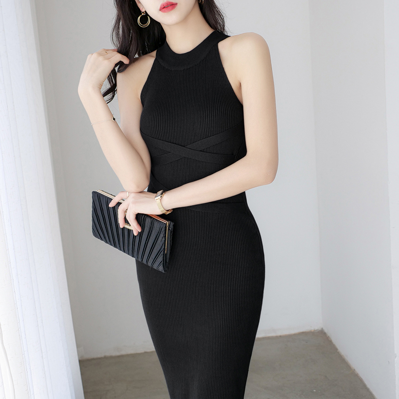 【Elegant】Knit Bodycon Halter Slimming Separate Knit Sheath Dress Midi 2101