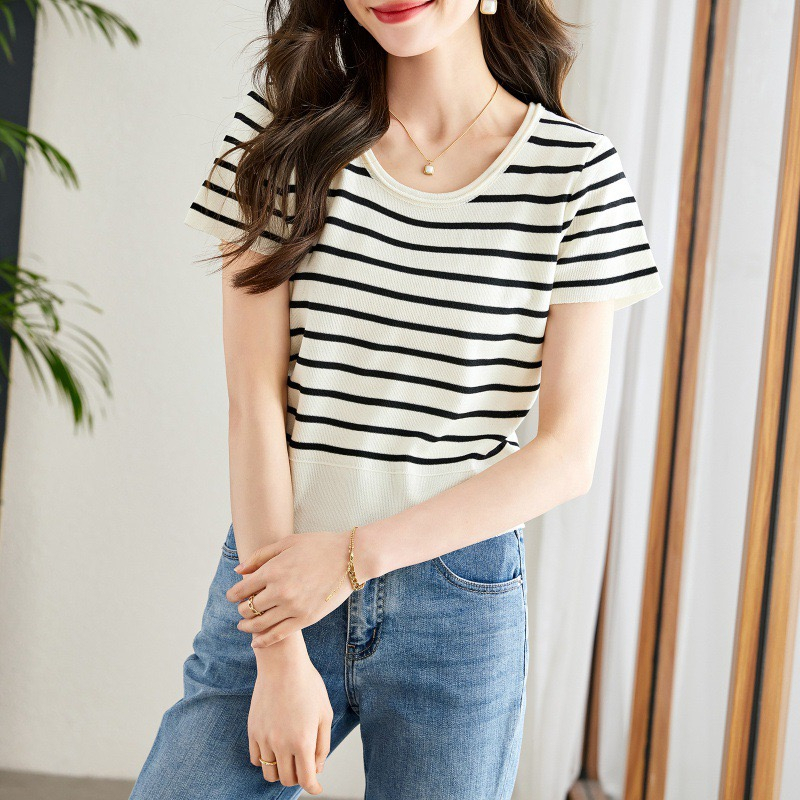 【Elegant】Tshirts O-Neck Striped Shirts Basic Short Top 2108