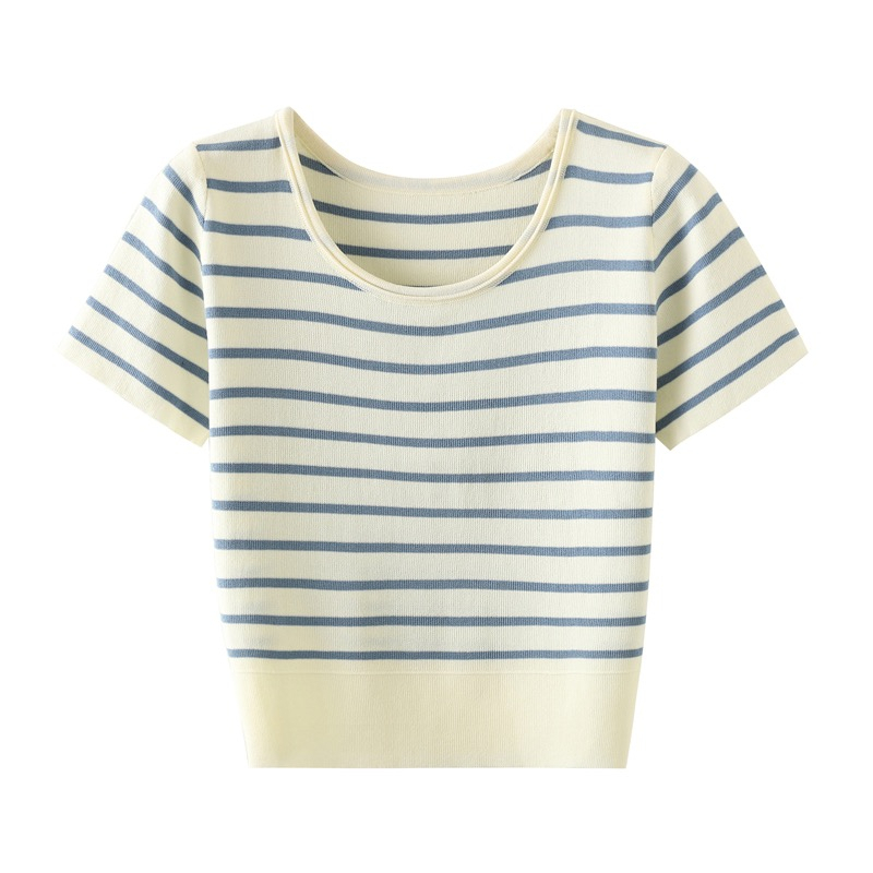 【Elegant】Tshirts O-Neck Striped Shirts Basic Short Top 2108