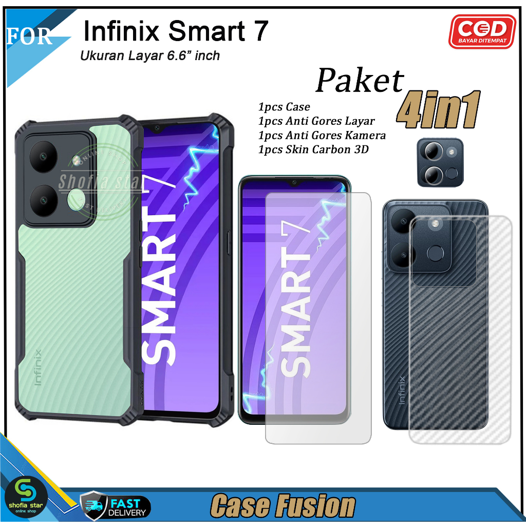 PAKET 4in1 Case Infinix Smart 7 Soft Case Fusion Shockproof Transparan Casing