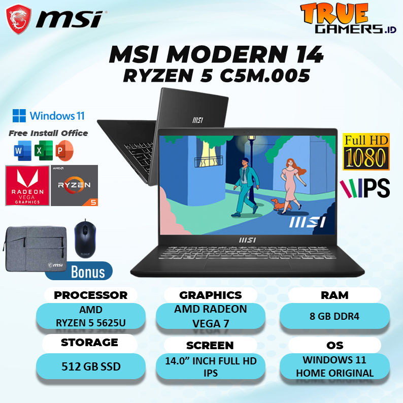 LAPTOP MSI MODERN 14 RYZEN 5 5625U 16GB 512SSD VEGA7 W11 14.0FHD IPS BLIT 2YR