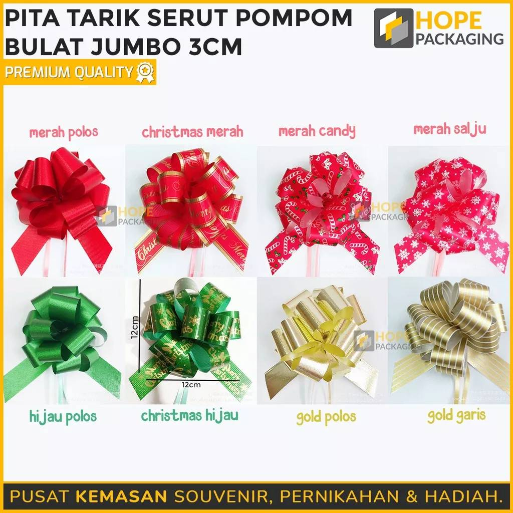 

Pita Tarik Jumbo /Pita Tarik Serut Pompom Bulat 3 cm / Pita Hias / Pita Parcel / Pita Kado