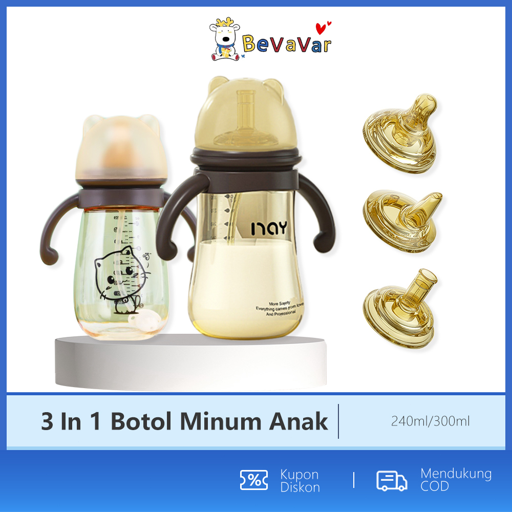 BEVAVAR Botol Susu Bayi 3In1 Botol Minum Anak dengan sedotan 300ml 240ml BPA free