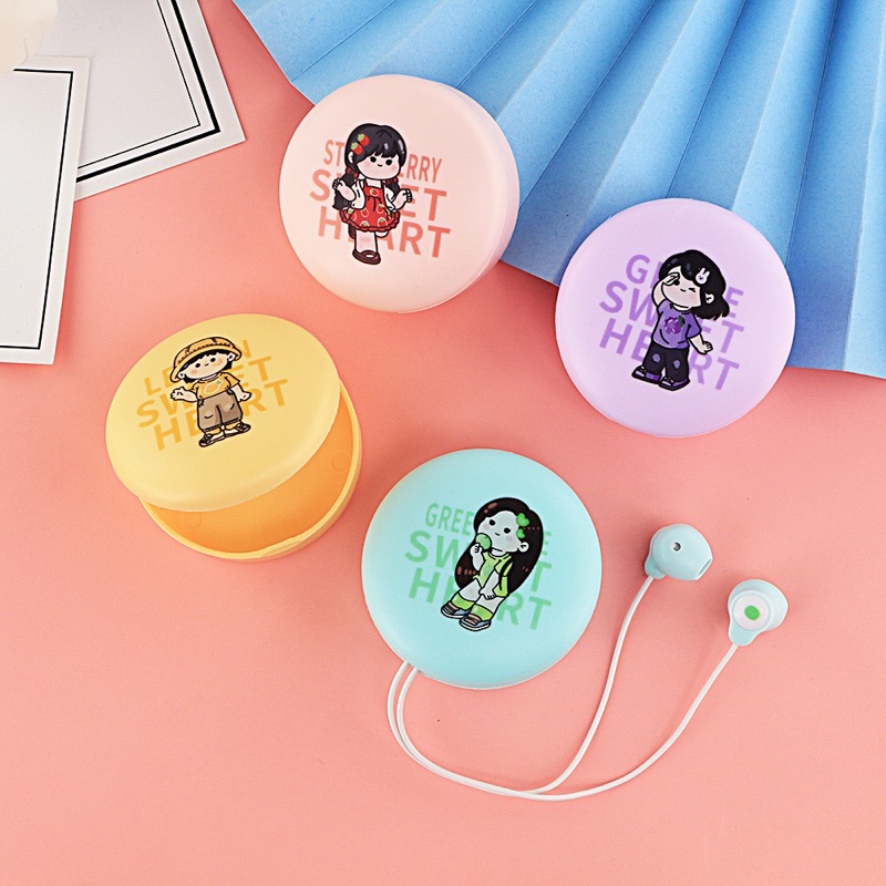 [ KI 372 ] Set Headset Earphone karakter  korean girl / + Wadah penyimpanan Earphone Motif in ear