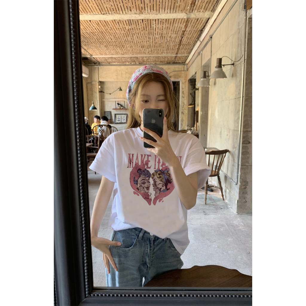 EUNII T-shirt Lengan Pendek Retro Pink Angle Heart Broke Printing Korean Style/Kaos Atasan Wanita/Baju Kaus Oversize Wanita/Kaos Wanita