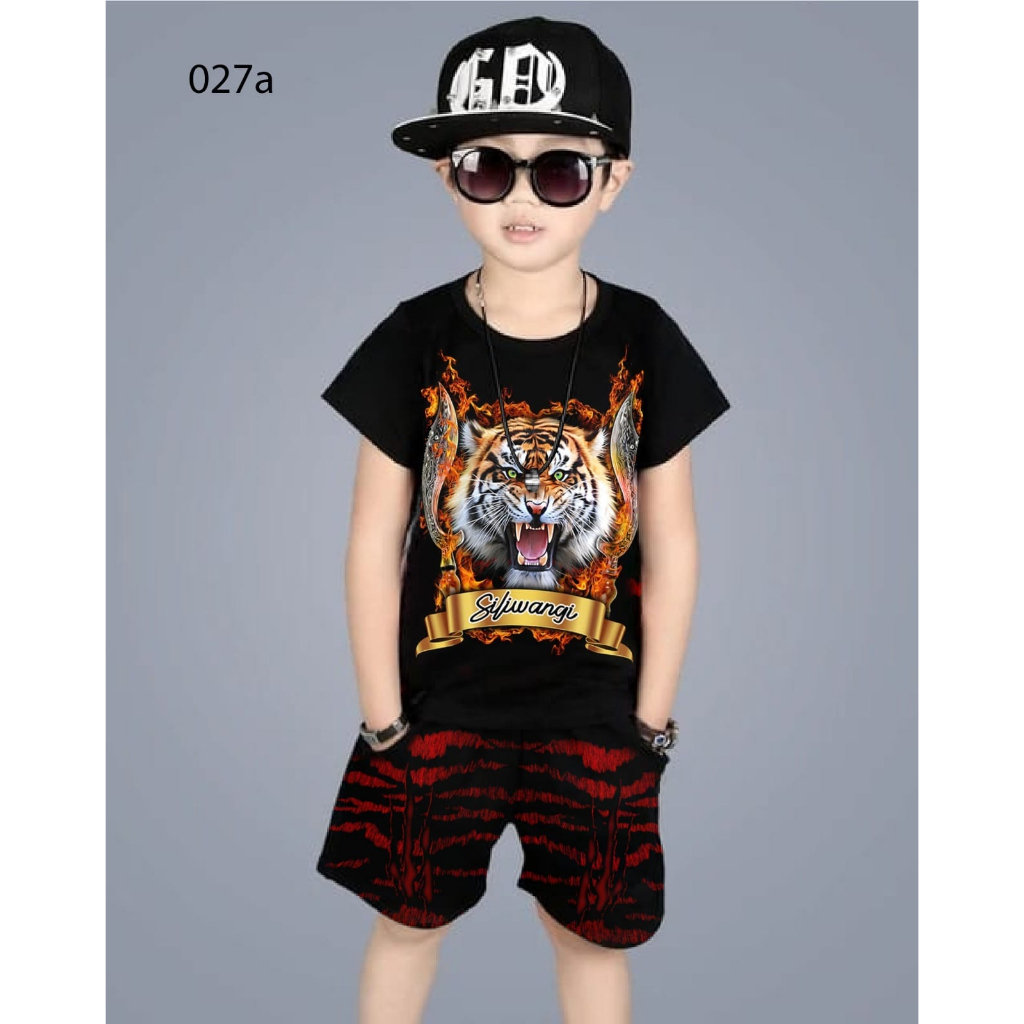 Baju Anak Setelan Umur 4-13tahun Gambar MACAN SILIWANGI / Baju Jumper Pendek Kaos + Celana