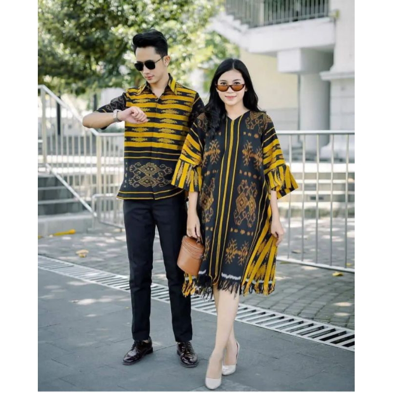 Couple Etnik Tenun Blanket Troso Jepara Kemeja Pria Dress Wanita Trendy Viral Terbaru Terlaris Terbaik Berkualitas Baju Muslimah Katun Gold