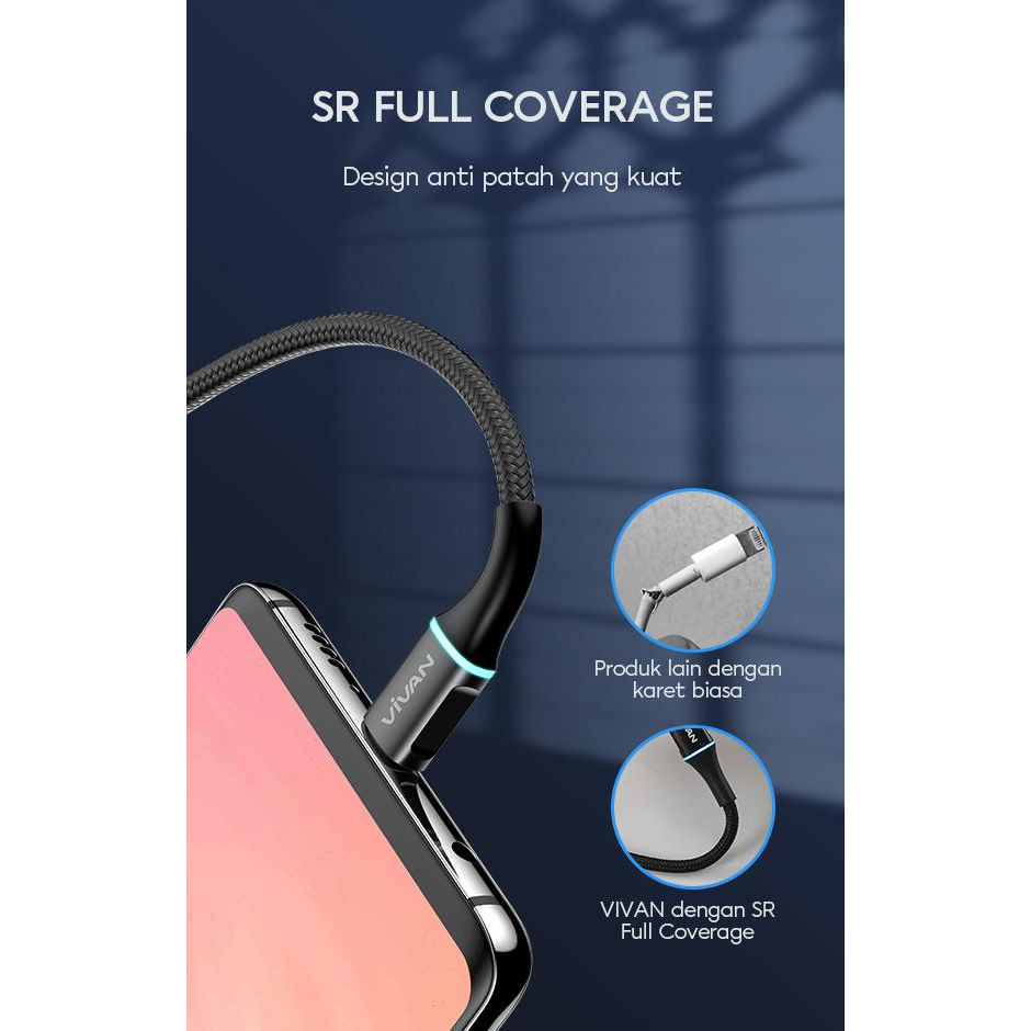 Vivan Kable Data Halo Micro USB/Type-C/Lightning 3A Quick Charge LED 100CM VDC100 Garansi Resmi 1 Tahun