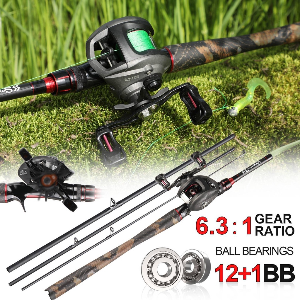 Joran Pancing Set Sougayilang 1.98m M Power Carbon Fiber 4 Sections Fishing Rod and 12+1 6.3:1 Fishing Reel Combos Max Drag 17.6lb