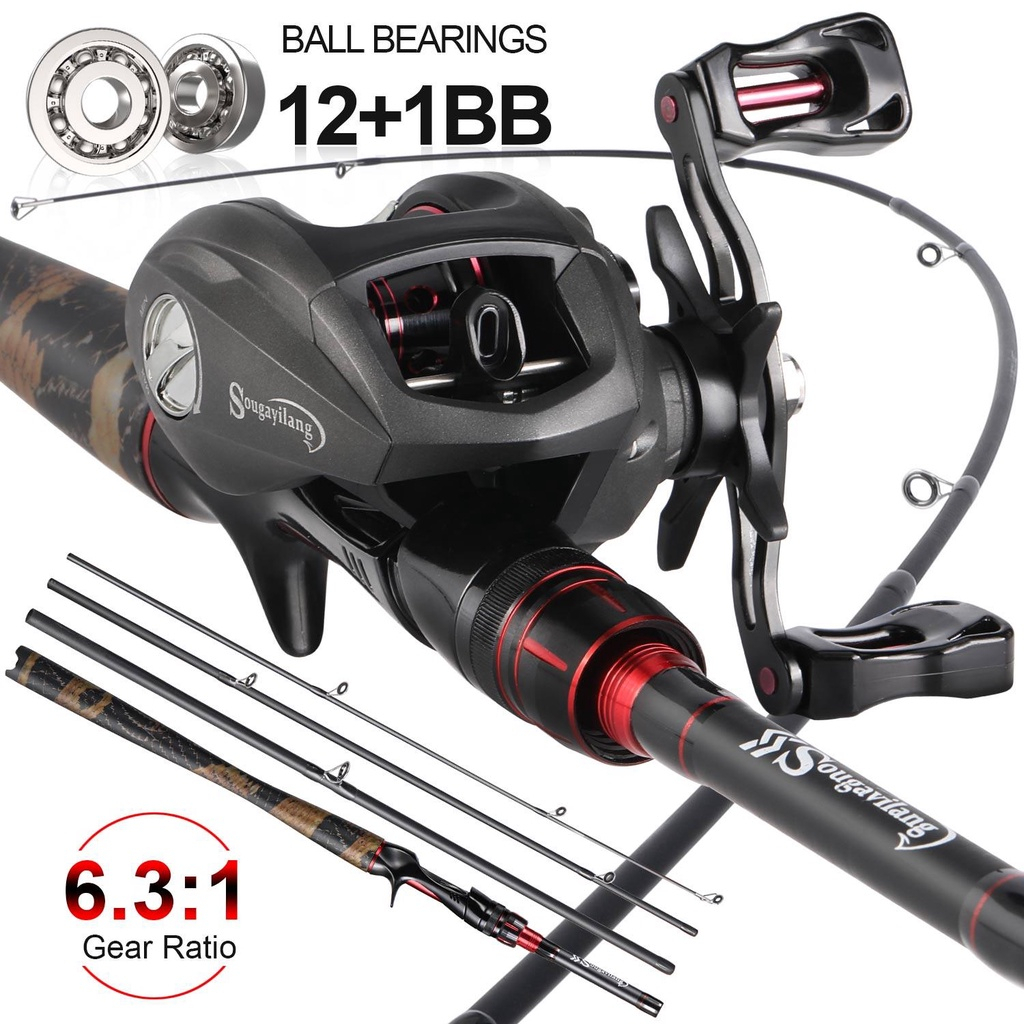 Joran Pancing Set Sougayilang 1.98m M Power Carbon Fiber 4 Sections Fishing Rod and 12+1 6.3:1 Fishing Reel Combos Max Drag 17.6lb