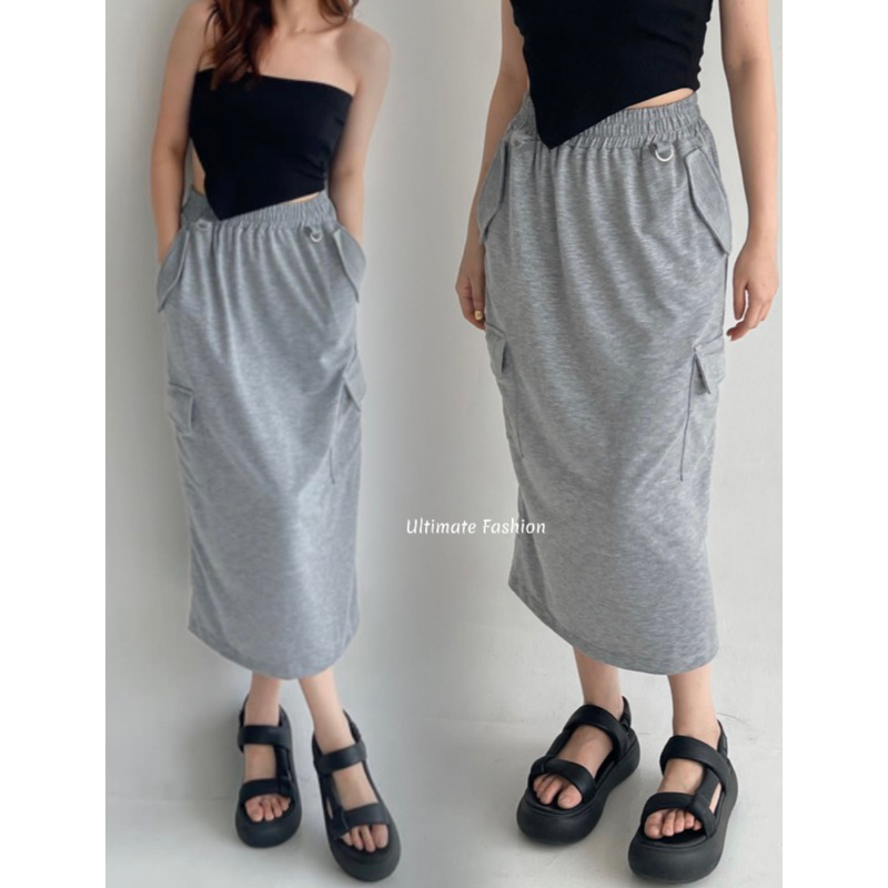 Alexa Cargo Skirt - Rok Midi Wanita Import - Cargo Pocket - Rok Kargo Korea