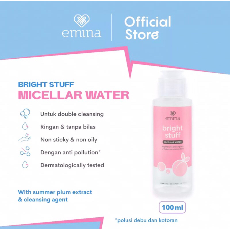 Emina Bright Stuff Micellar Water - Pembersih Wajah Cerah Glowing, Tidak Lengket Bebas Kilap