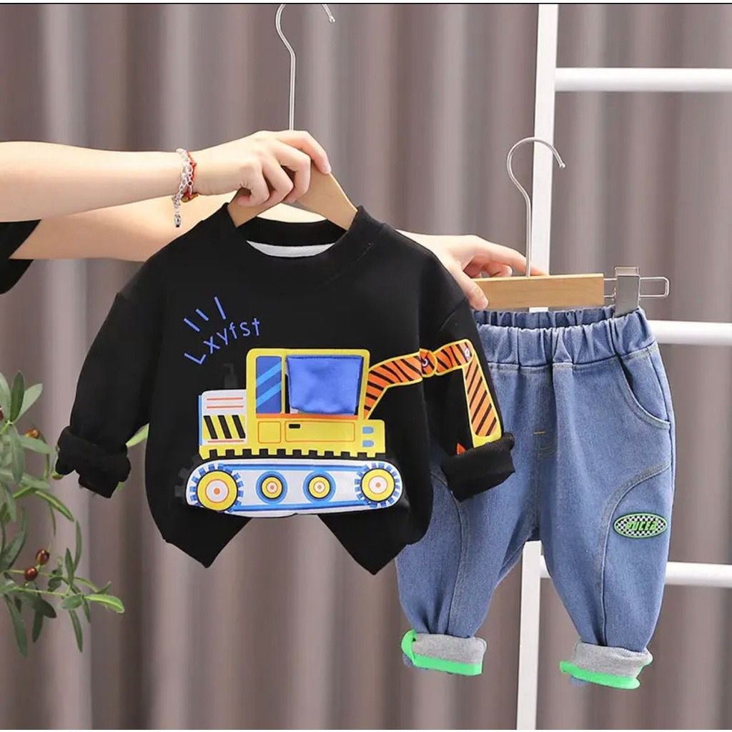 SETELAN SWEATER DAN CELANA JEANS PANJANG ANAK IMPORT 1-5 TAHUN MOTIF SWEATER BEKO DENIM