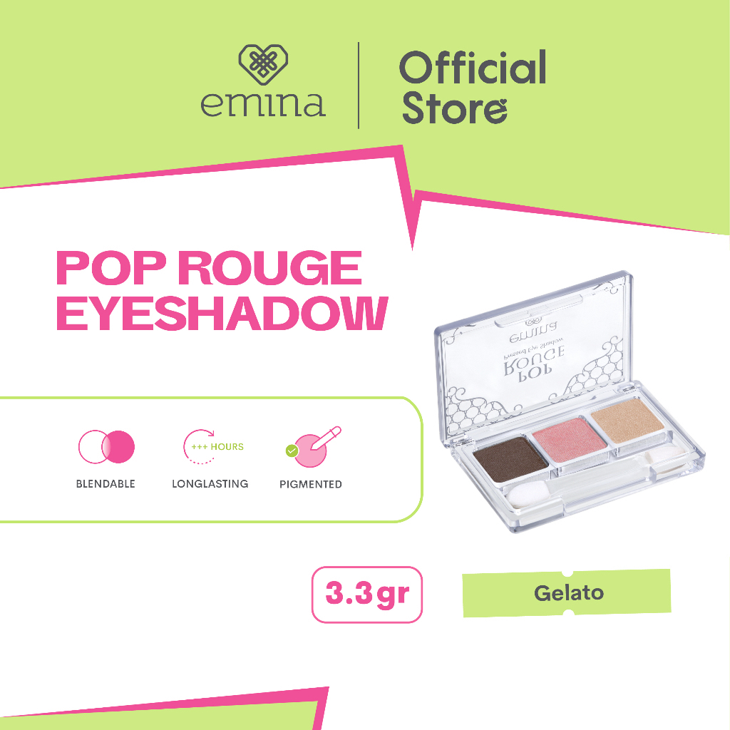 EMINA Pop Rouge Pressed Eye Shadow Indonesia / Eyeshadow 3.3g / 3 In 1 Blendable Longlasting Pigmented / Tahan Lama Kelopak Mata / Aplikator Brush Palette Palet / Shade Blue Colorful Gelato Nude Romantic Posh Brick / Cosmetic Makeup Face Make Up Series