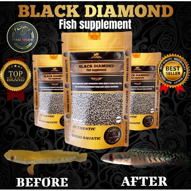 Pelet pakan ikan black diamon original dubai aquatic mempertegas bar bunga dan mutasi warna pada ikan channa