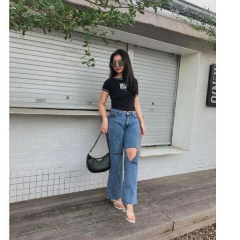 HIGHWAIST KULOT JEANS WANITA LOOSE RIPPED SOBEK