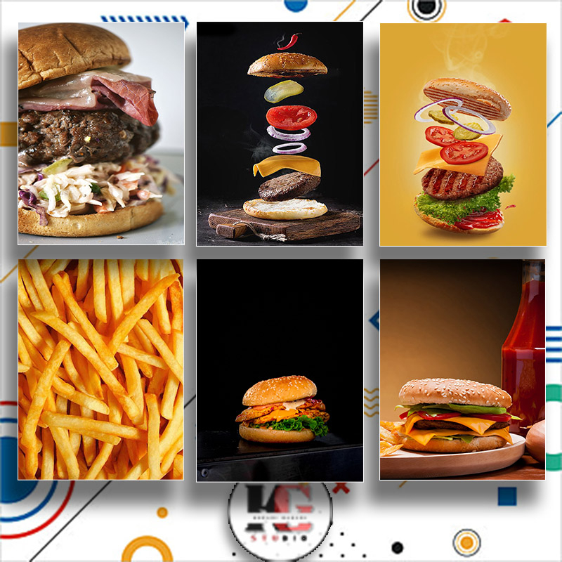 Hiasan cafe dan rumah makan burger dan kentang pajangan dinding poster kayu